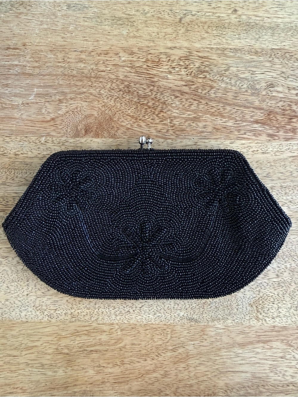 Made In Japan Bags By Debbie - Black Beaded Evening Clutch with Floral Detail